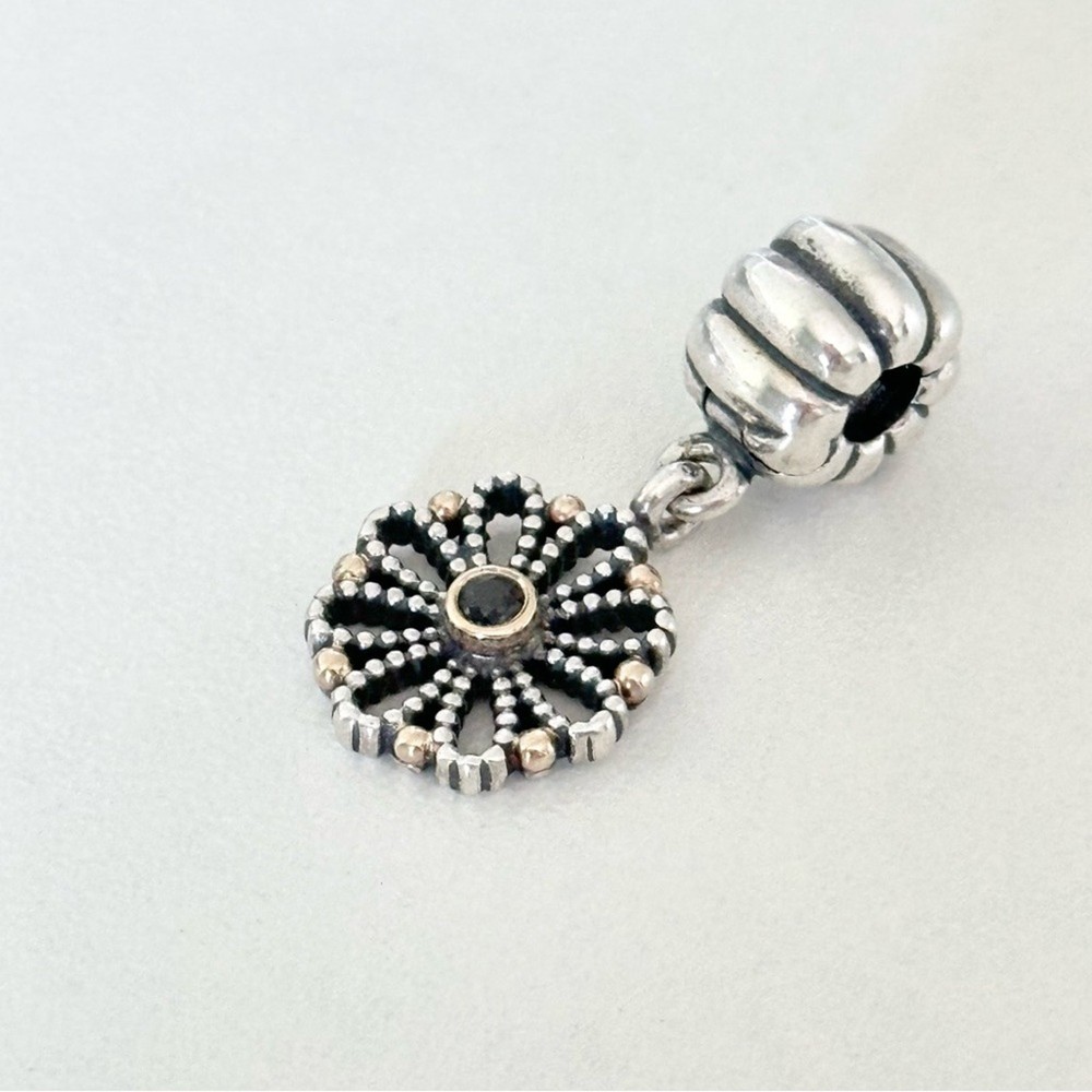 Pandora 2-Tone Lace Flower Floral Black CZ Rare Clip Charm in 925 Silver & 14K Gold