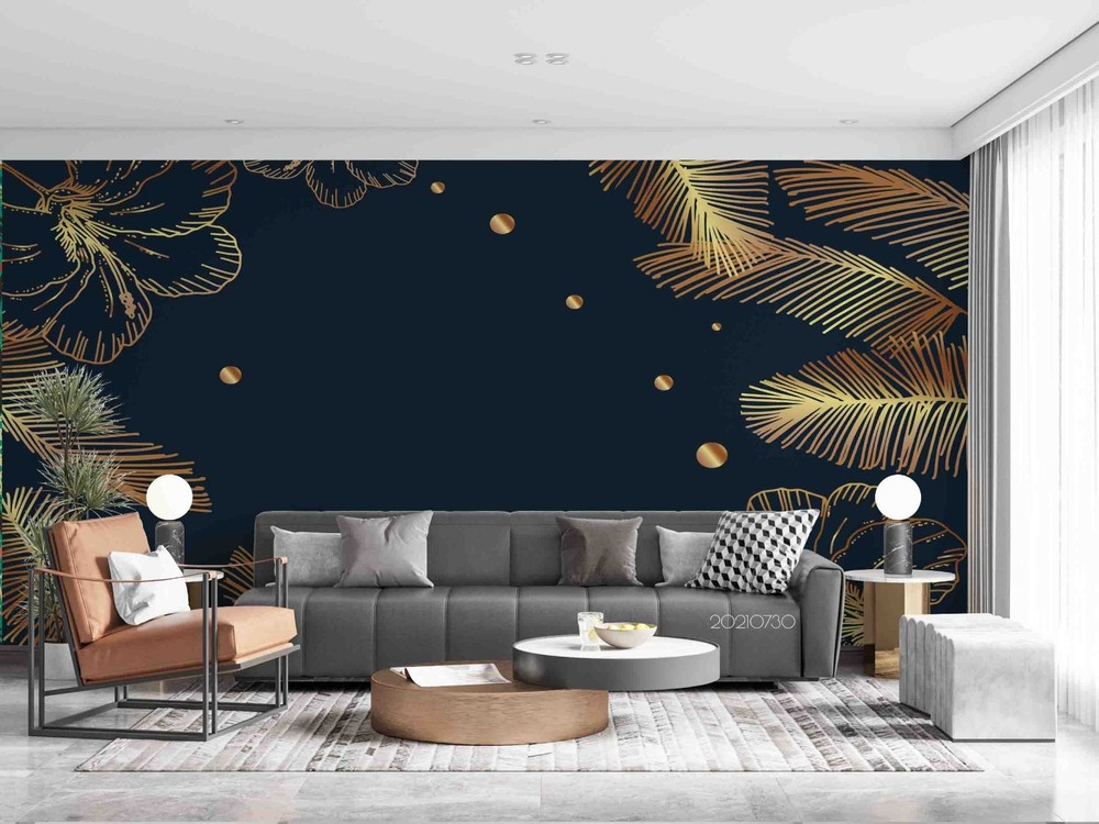 3D Hand Drawn Gold Flowers Leaves Wall Murals Wallpaper Murals Wall Sticker 2
