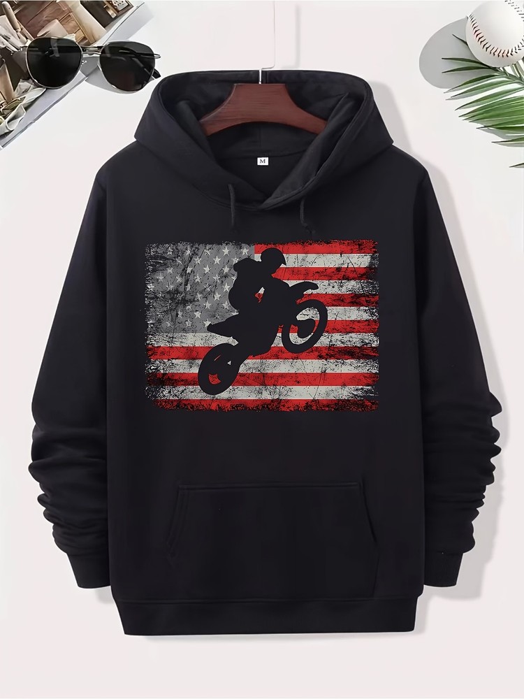 Men's Dirt Bike Motocross Hoodie - Black with RedWhite USA Flag Graphic - Heavyw