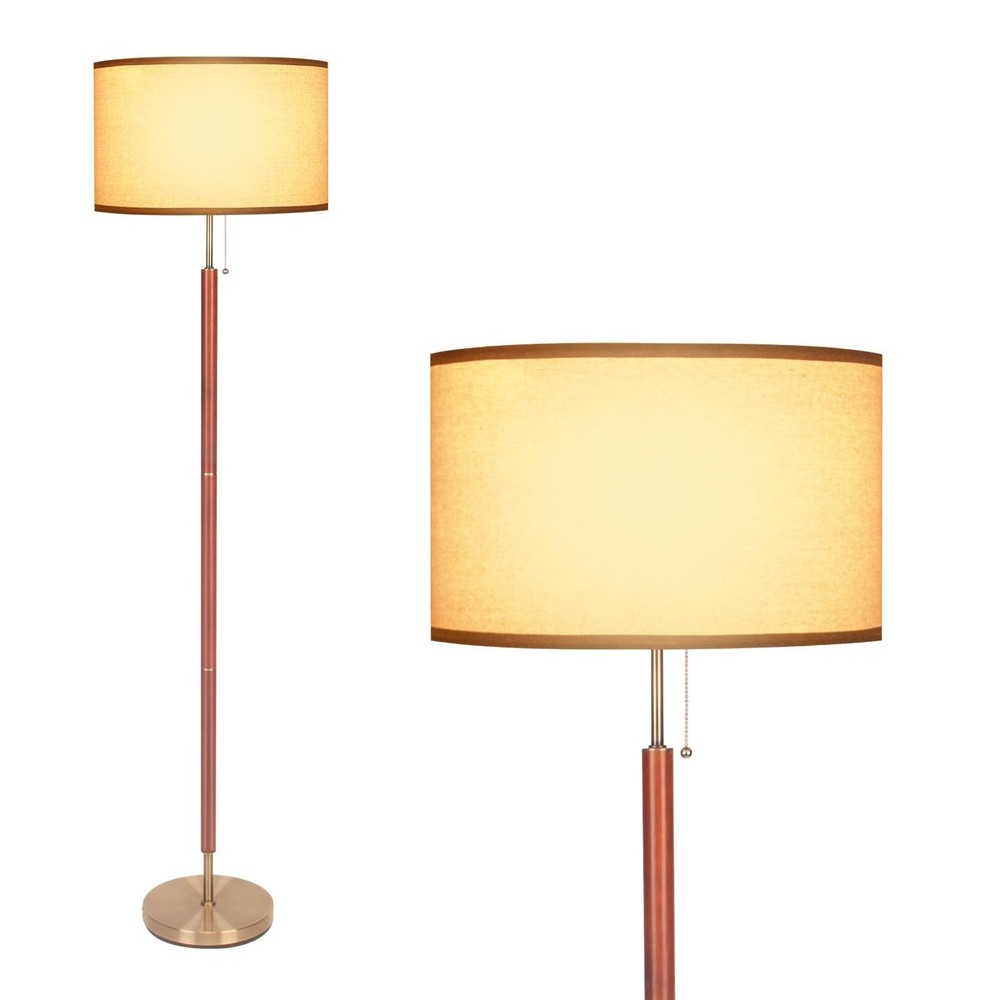 Mid-Century Modern Walnut Wood Floor Lamp with Drum Shade for Living Room Décor