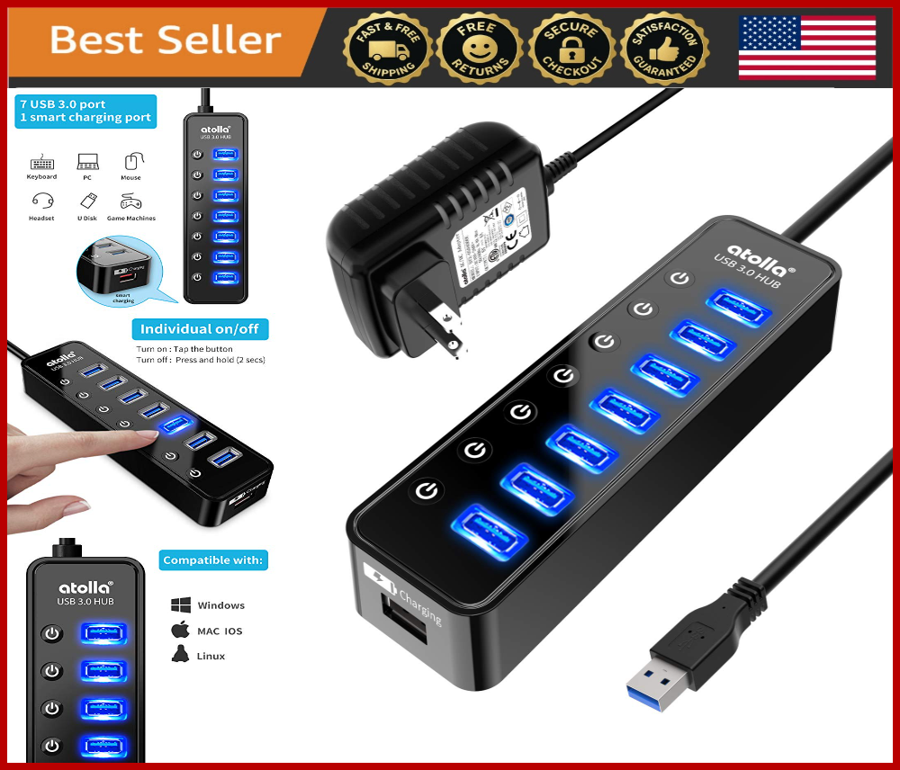 7-Port USB 3.0 Hub with Smart Charging Power Adapter & On Off Switches