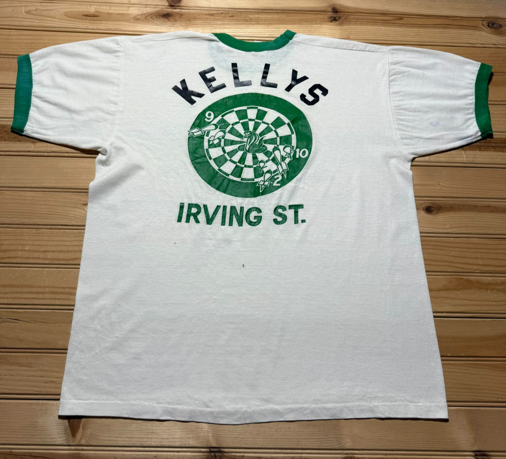 Vintage 70s 80s Kellys Irving St. Bar Pub Dart League Ringer T-Shirt Size Large