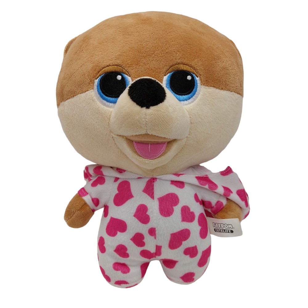Jiffpom 10 Inch Pomeranian Plush in White PJs with Pink Hearts