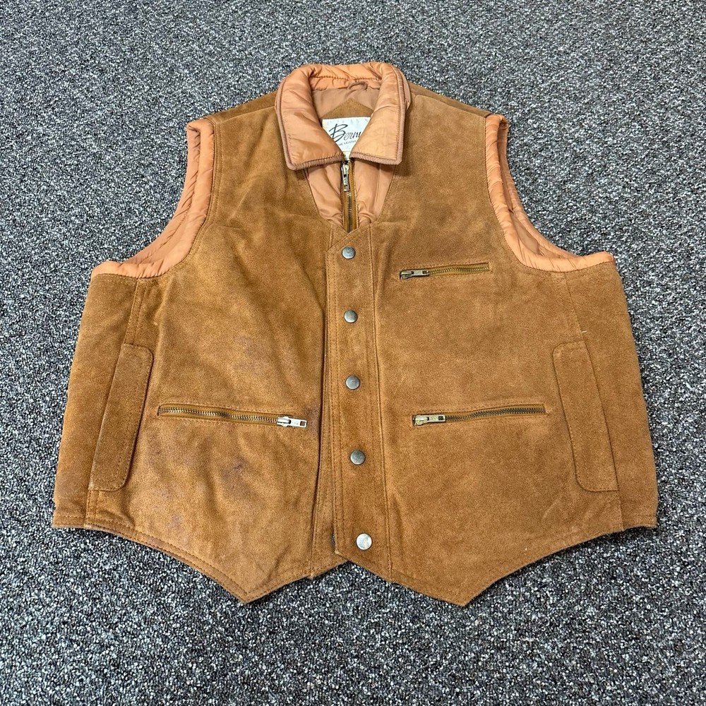 True Vintage Leather Vest 1970s Bermans Rare Designer Western Brown Size 46 Lg