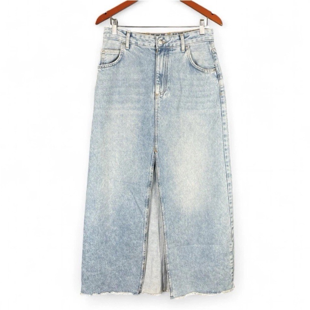 Pilcro Women's Size 10 Blue Light Wash Long Midi Denim Skirt Modest Front Slit