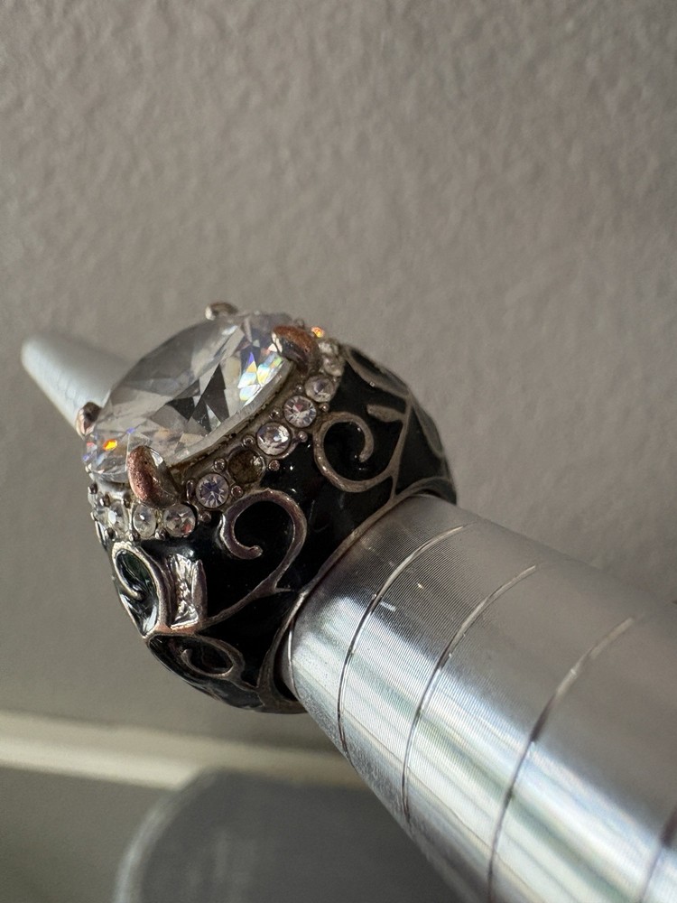 Bold Black Enamel Rhinestone Statement Ring Size 7 Large Crystal Cocktail