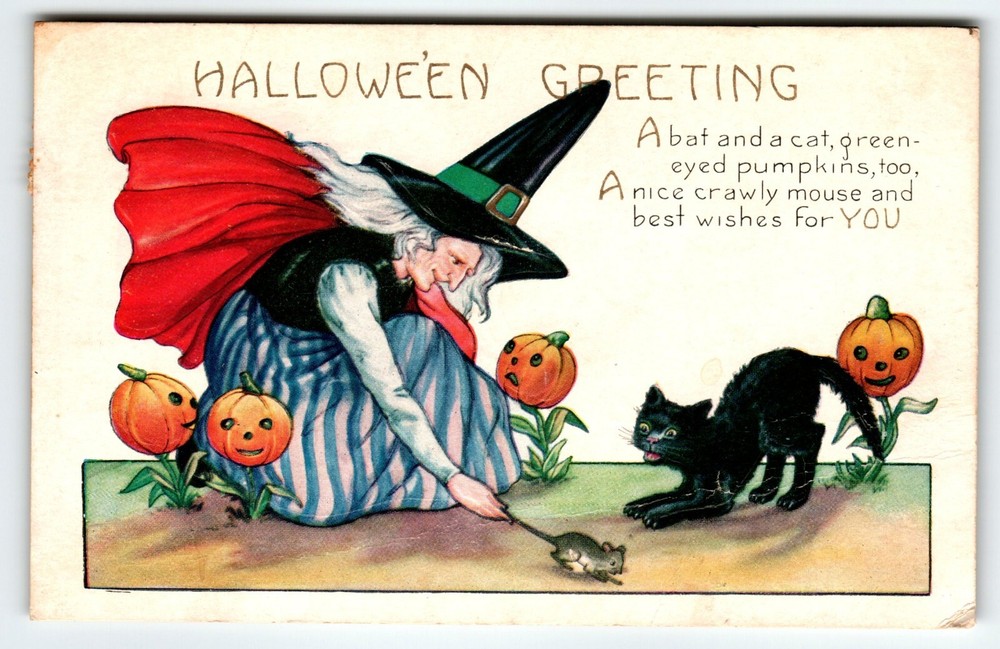 Halloween Postcard Featuring Witch Black Cat Mice Pumpkins and Cute Anthropomorphic Plants by Whitney  