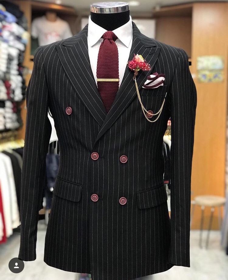 Men Suit Black Striped Double Breasted Business Party Prom Groom Tuxedo Wedding