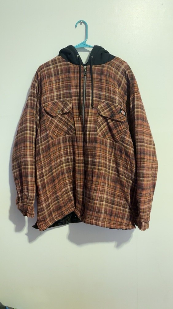 Dickies Mens Size XL Jacket  Plaid Full Zip Hooded Lined Flannel (sewed a hole)