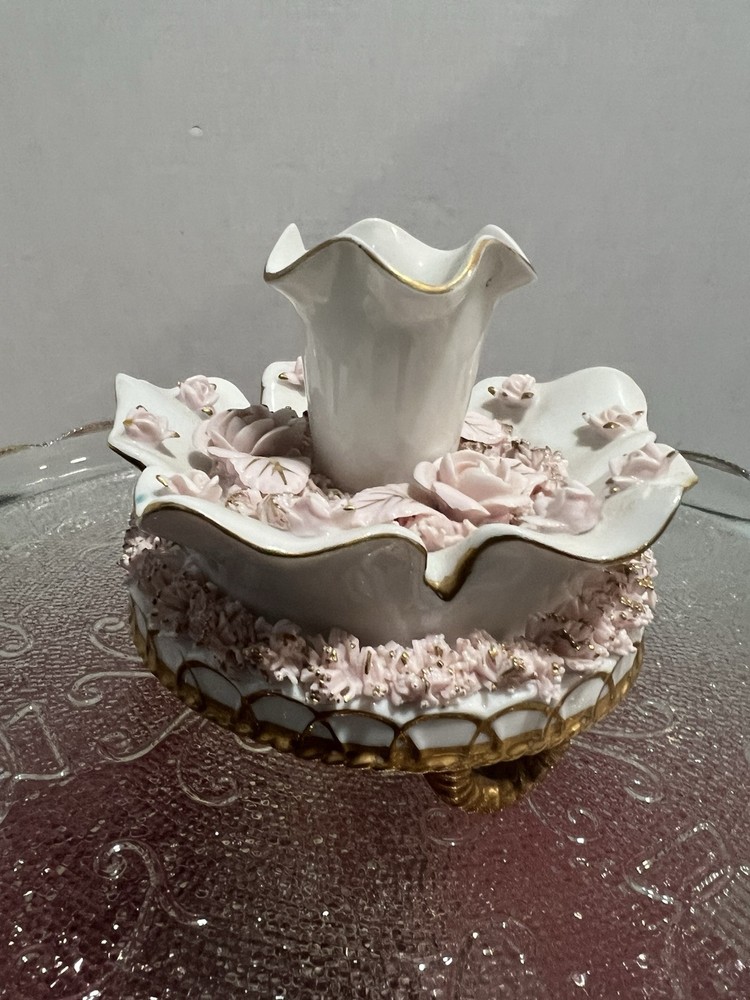 Antique Pink Rose Gold Trim Porcelain Footed Candlestick Holders  