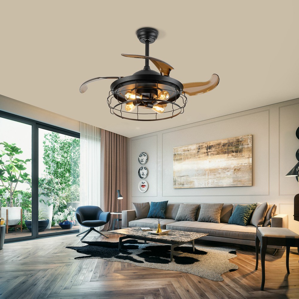 42 Inch Rustic Ceiling Fan with Remote Control Chandelier Light and Retractable Blades