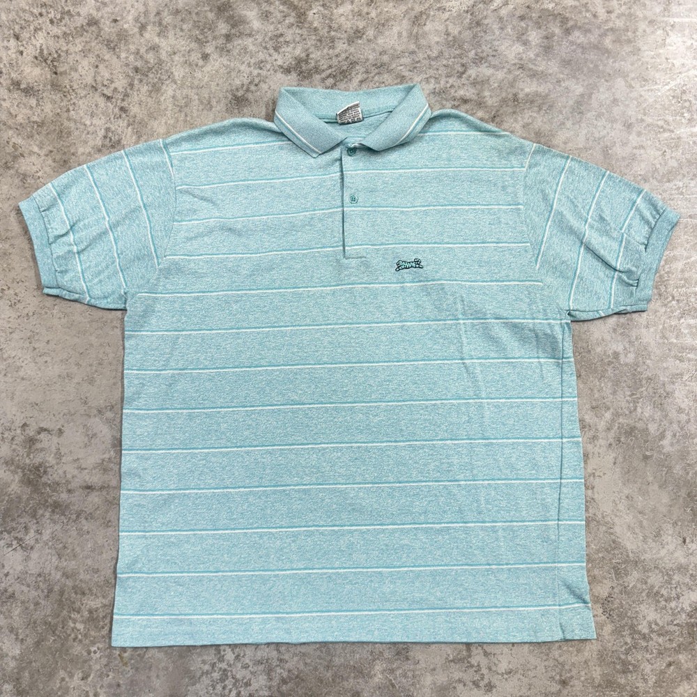 Vintage Le Tigre Polo Shirt Mens XL Aqua White Stripe Made in USA Preppy 90s