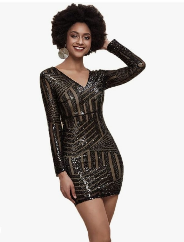 Miss Ord Women's Short Sequin Dress Long Sleeve Black Size L