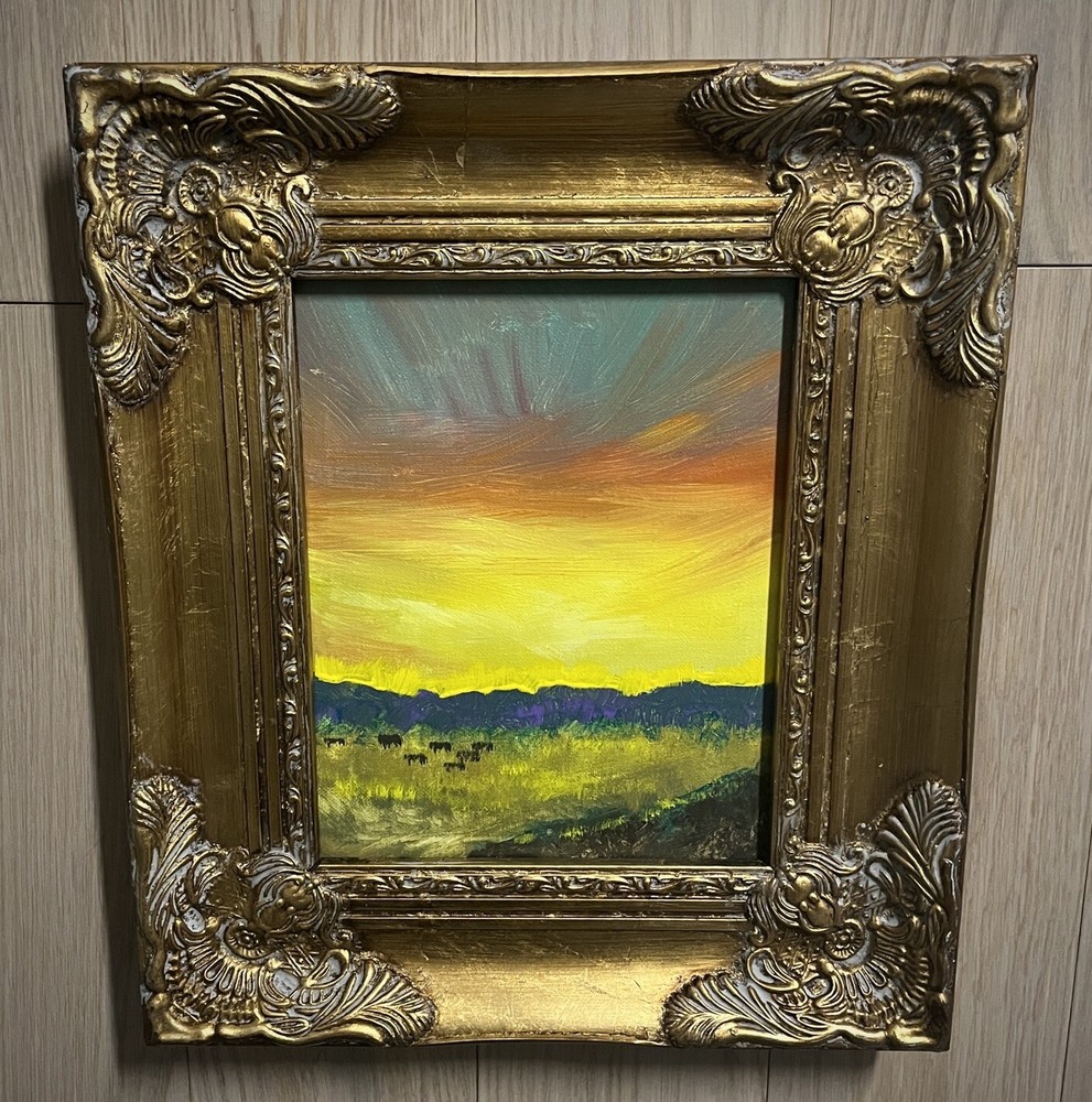 Wild West Fiery Sunset Painting Mountains Landscape With Bison Framed Artwork US