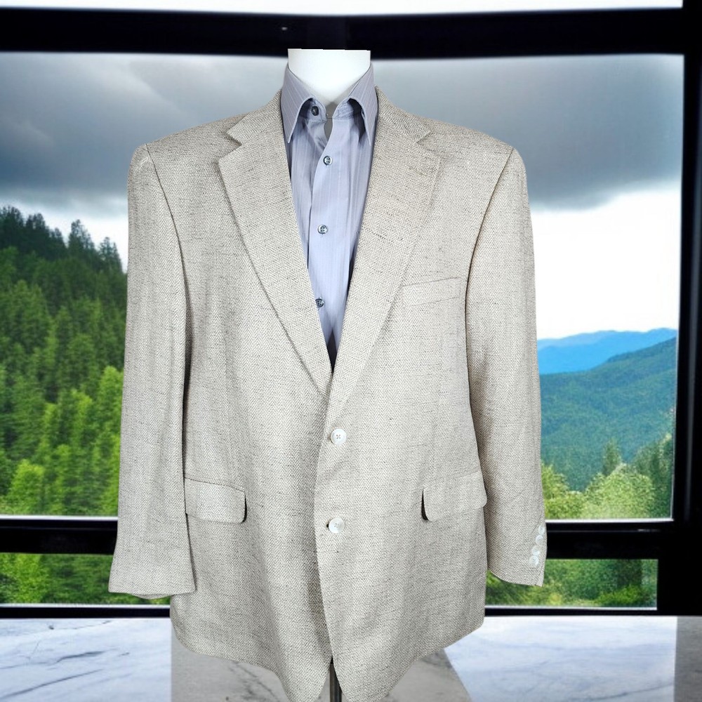 Stafford Sport Coat Blazer Mens 48R Light Beige Herringbone Silk