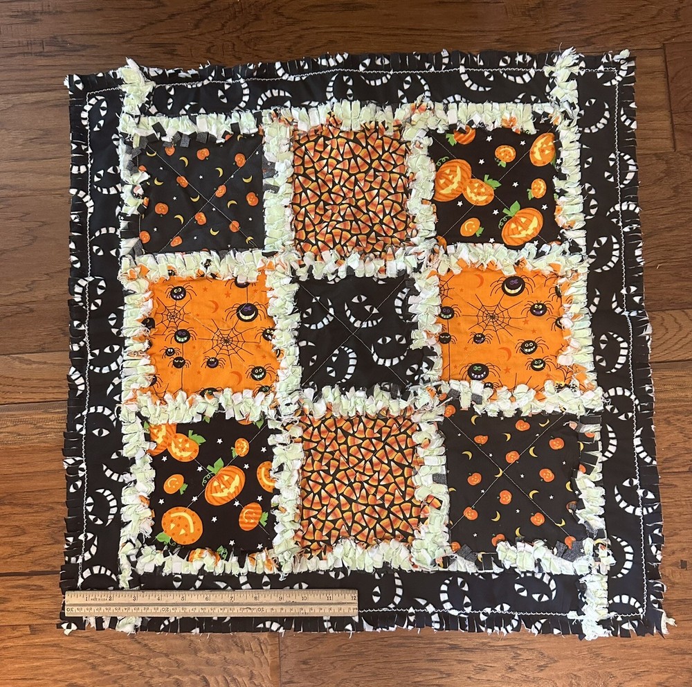 Halloween Handmade Quilt Spiders Candy Corn Jack-o-Lantern Moon 24” X 24”