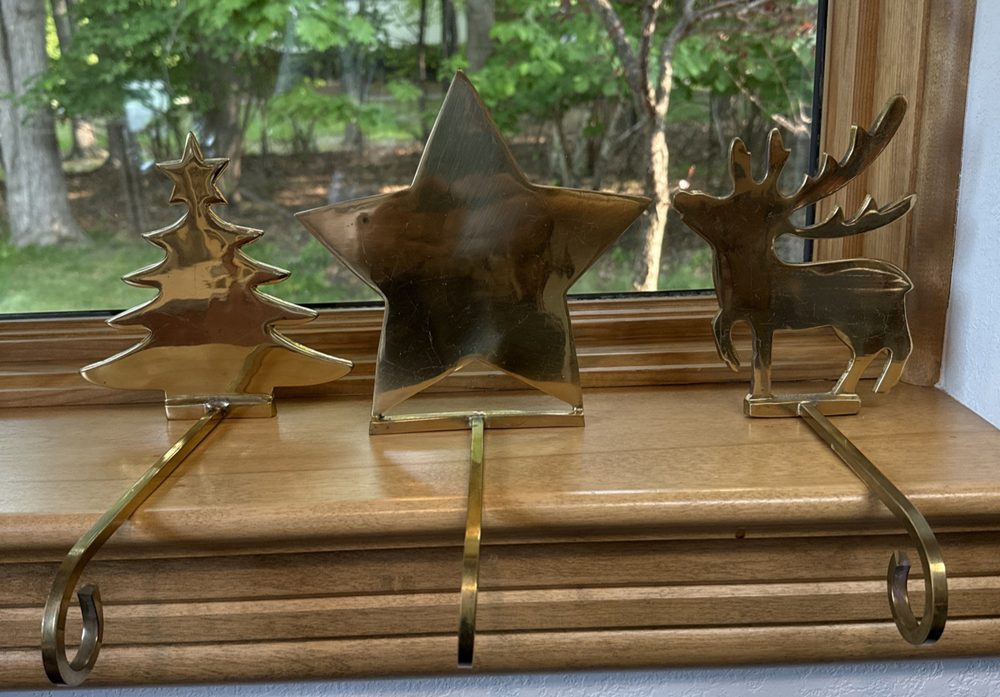 Vintage Brass Reindeer Stocking Holder with Long Heavy Arm for Christmas Tree  