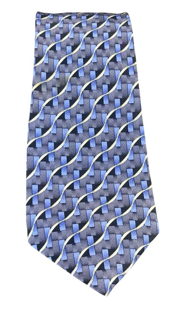 Vintage Salvatore Pellegrino 100% Silk Tie Blue Geometric Basketweave Hand Made