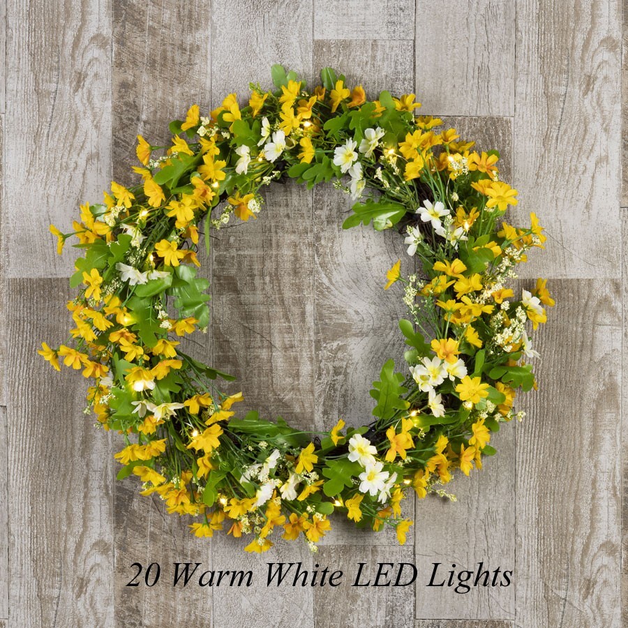 20in Battery-Powered Daisy LED Wreath with Warm White Lights