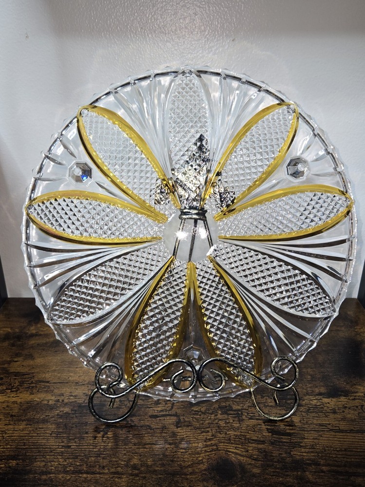 Bohemian Crystal Diamond Cut Footed Cake Plate Orange & Clear Vintage