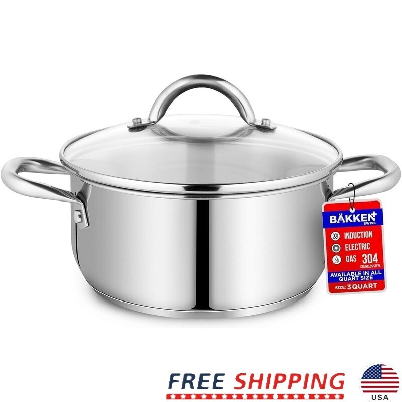 3Qt Stainless Steel Stockpot Induction Ready Heavy Duty Cooking Pot Glass Lid US