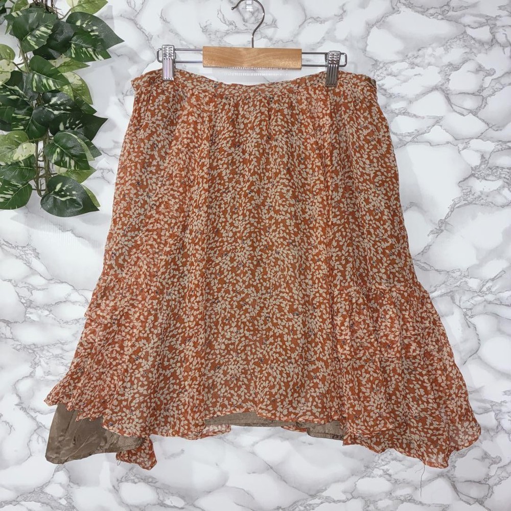 Pas de Calais Floral Flare Skirt Size 38 100% Silk Orange Toned New