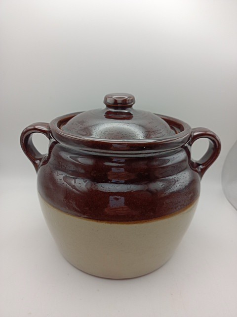 Vintage Monmouth Pottery Bean Pot with Lid 2 Tone Brown Western Stoneware USA