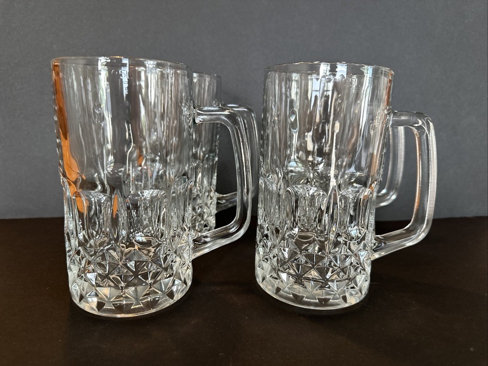 German Heavy Glass Beer Mugs Diamond Cut Bottom 0.5L Set of 4