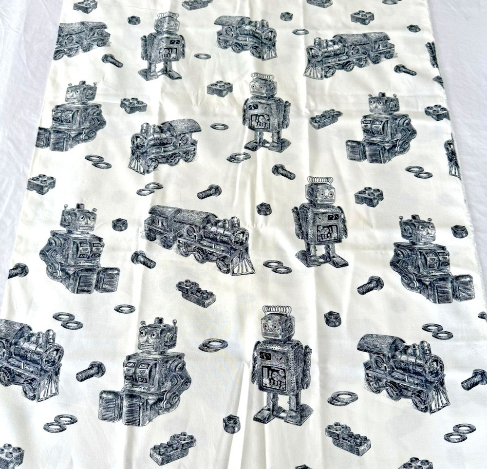 Robotic Train Bolts Black and White Cotton Quilt Fabric for Boys