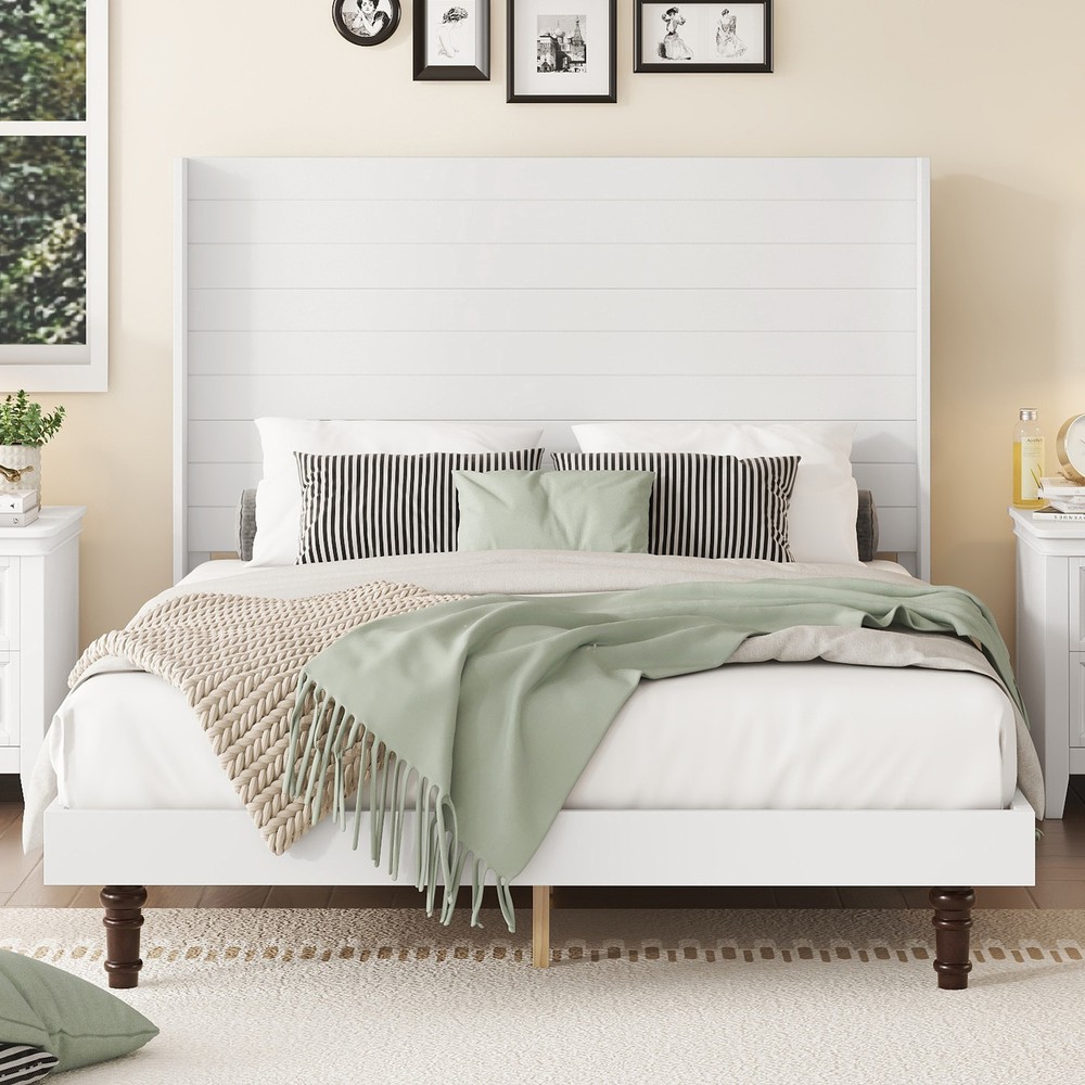 Elegant 54-Inch High Headboard Queen Bed Frame in White for Stylish Bedrooms  