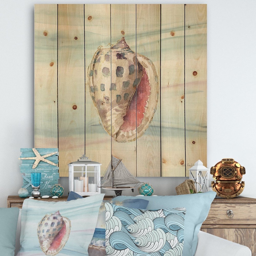 Designart 'Gilded Sea Horn Shell on Blue' Nautical & Coastal  Small