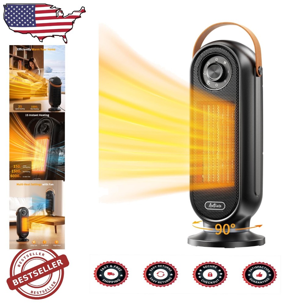 1500W Portable Electric Heater - Fast Heating with 90° Oscillation & Remote
