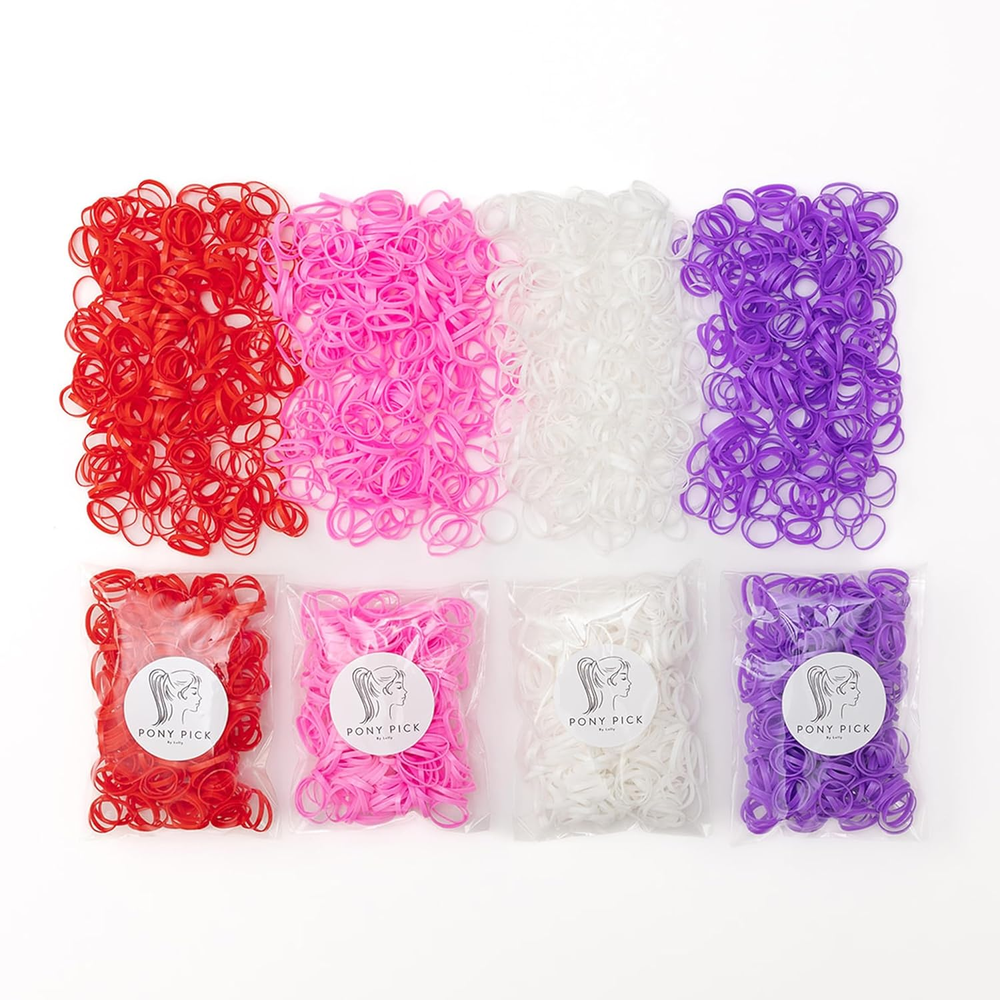 PONY PICK Sweetheart Hair Elastics 1000 Pack in Red Pink Purple White