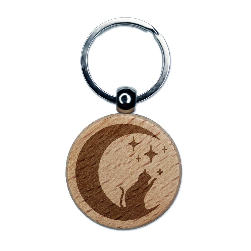 Moonlit Cat Playing with Stars Carved Wood Keychain Charm  