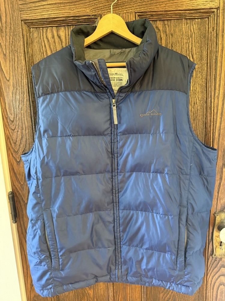 Eddie Bauer Premium Goose Down Puffer Vest Men's XL Tall Navy Blue Gray Zip