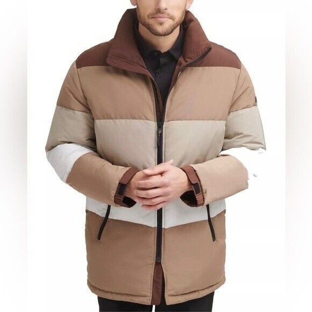 New DKNY Men's New Quilted Walking Coat combo brown/Tan XL jacket