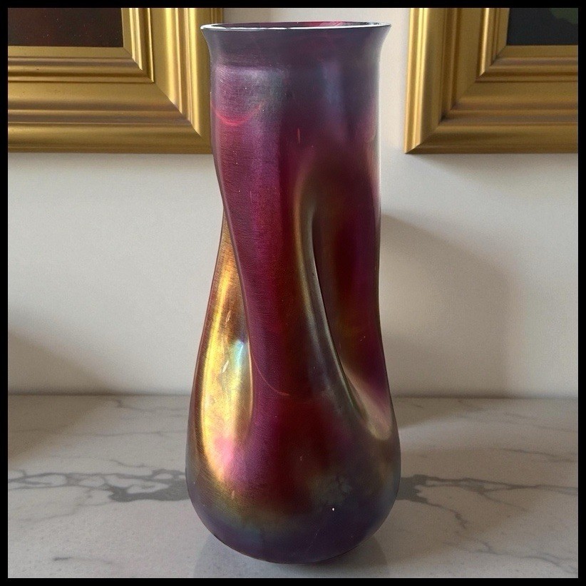 Antique Bohemian Josef Rindskopf Art Nouveau Iridescent Ruby Red Glass Vase