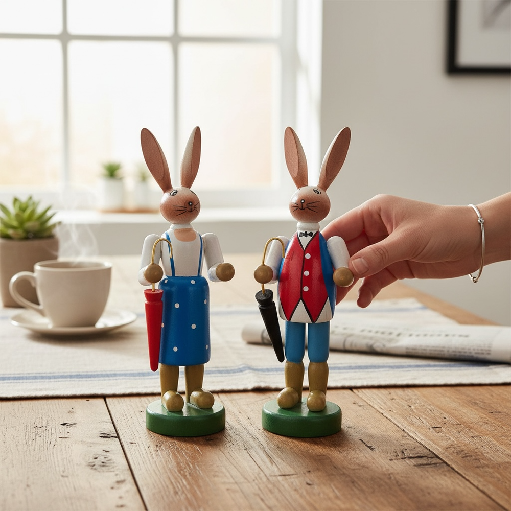 Easter Bunnies Pair Wooden Handmade 16cm Easter Decoration Bunny Figurine Set Standing