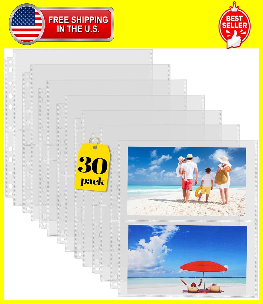 30 Pack for 3 Ring Binder Heavy Duty Photos or Postcards Page Protectors, Plasti