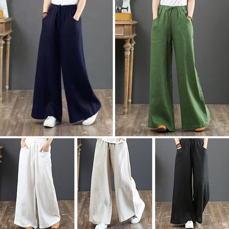 Women Loose Cotton Linen Wide Leg Pants Ladies Summer Holiday Pockets Trousers*