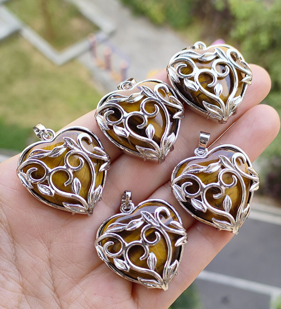 10pcs Natural Tiger eye Gems Heart plantlet Pendants Magic Reiki Amulet Lucky