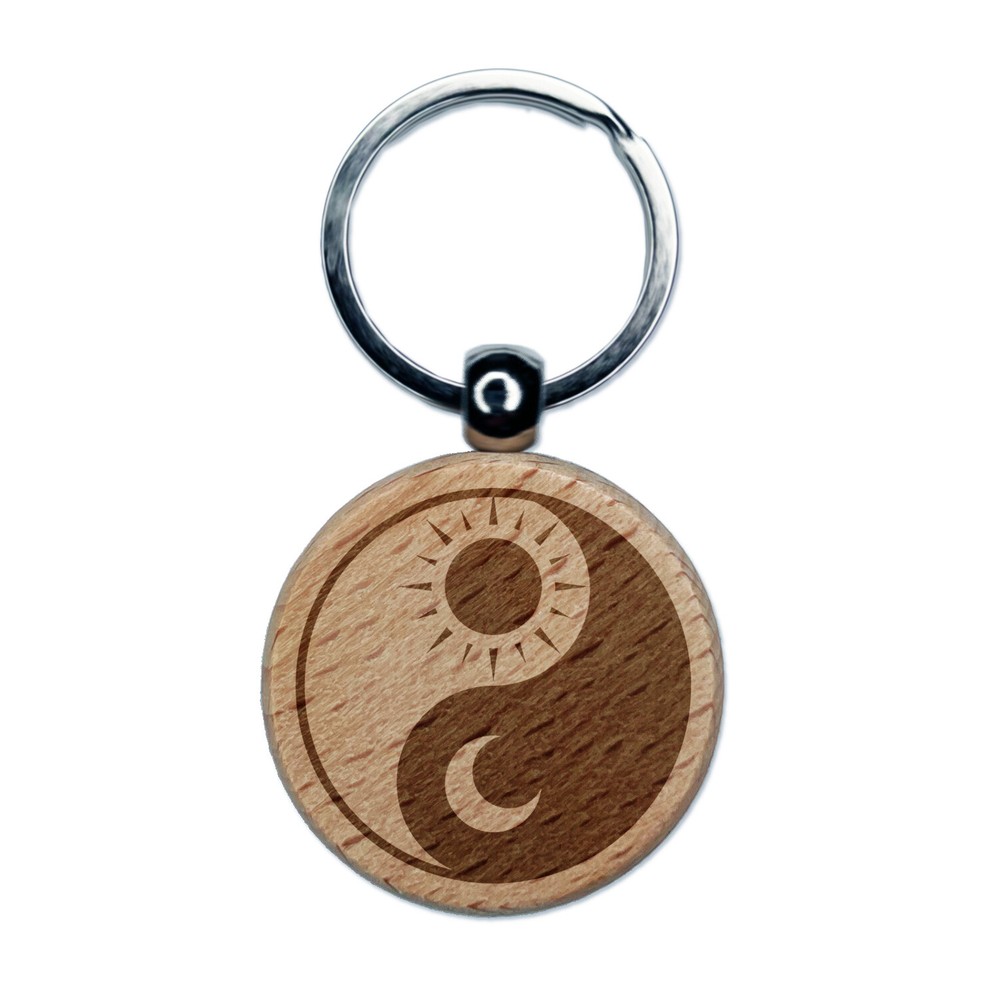 Sun Moon Yin Yang Night Day Engraved Wood Round Keychain Tag Charm