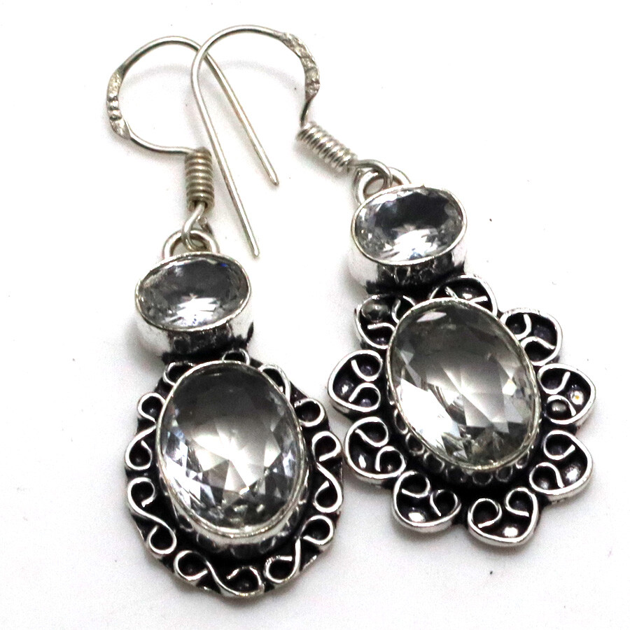 925 Silver Plated Crystal Topaz Ethnic Long Earrings 1.8 Inch Jewelry
