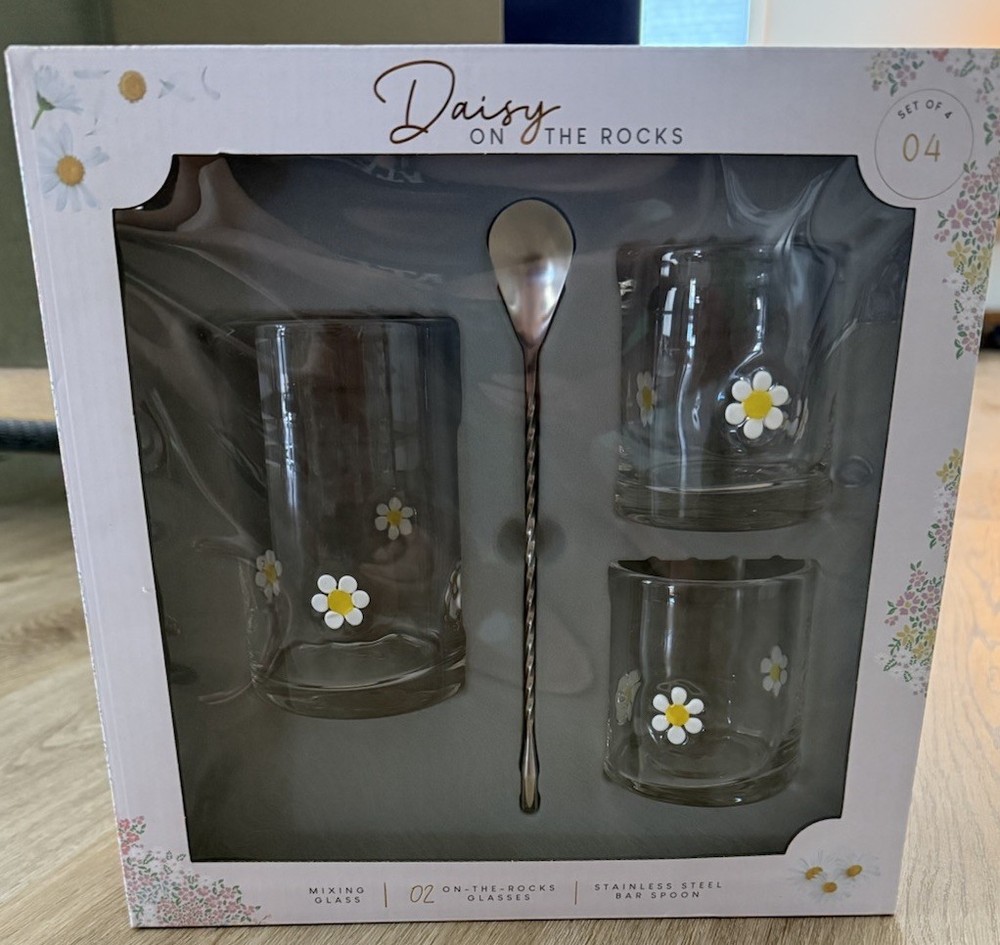 Retro Daisy Glass Set with Stir Spoon - Floral Barware - New in Box