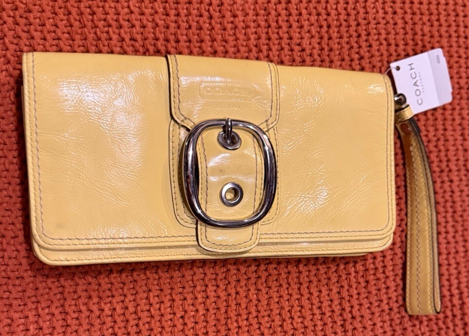 Coach Yellow Wristlet Organizer Clutch Wallet Patent Leather Buckle Y2K Designer