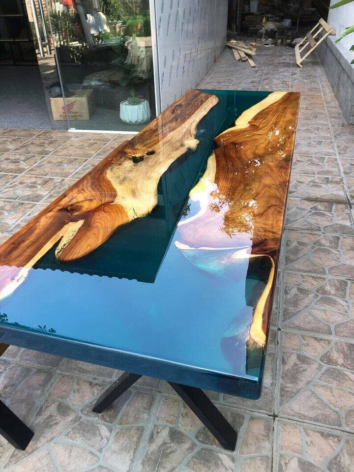Green Epoxy Resin River Custom Dining Table Handmade Natural Wood Tables Decors