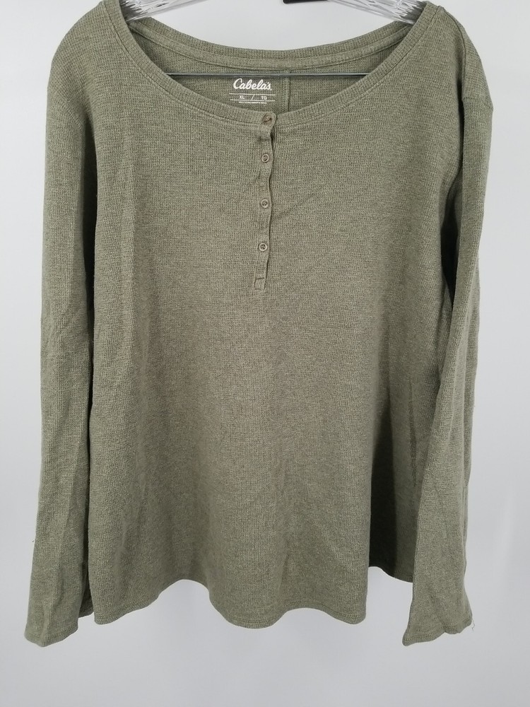 Cabelas Womens Size XL Green Stretch 1/2 Button Up Long Sleeve Shirt Top