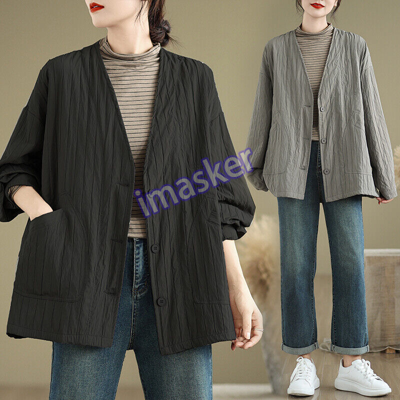 Womens Button Front V Neck Long Sleeves Loose Shirt Casual Cardigan Coat Outwear