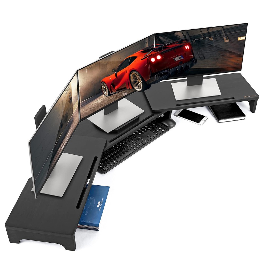 Monitor Stand Riser 60 Inch Large Bamboo Dual Monitor Stand For Desk 3 Shelves D