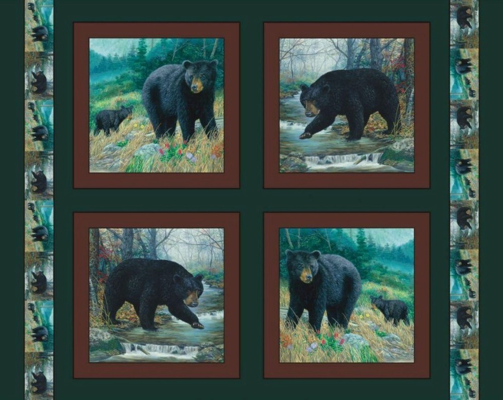 Black Bear Wildlife Pillow Panels Fabric 100% Cotton for DIY Crafting